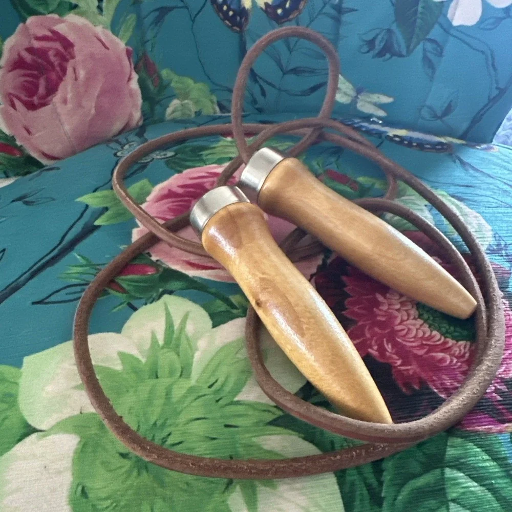 Mid Century Leather Wooden Handle Jump Rope Exercise Equipment Made In USA